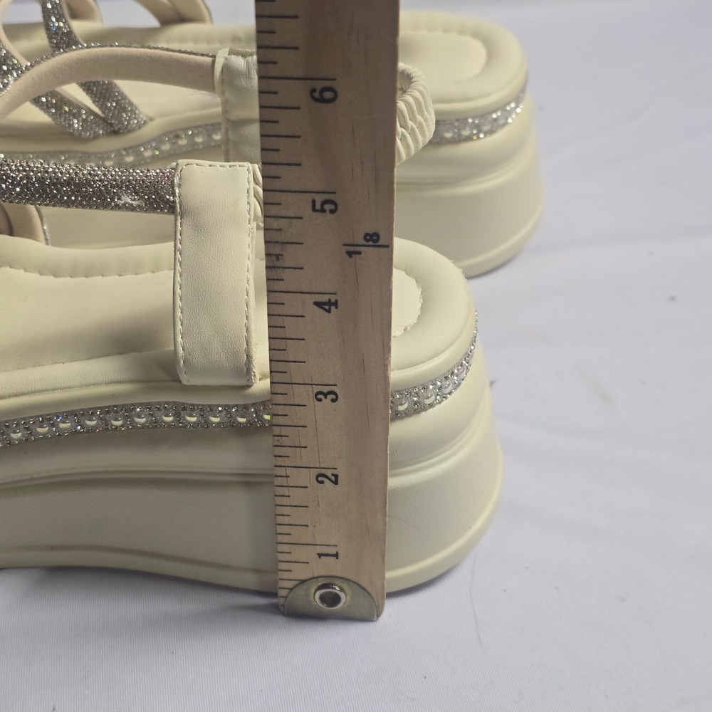 Rhinestone Embellished Platform Slingback Sandals Cream Off White Size 40 - Picture 7 of 10